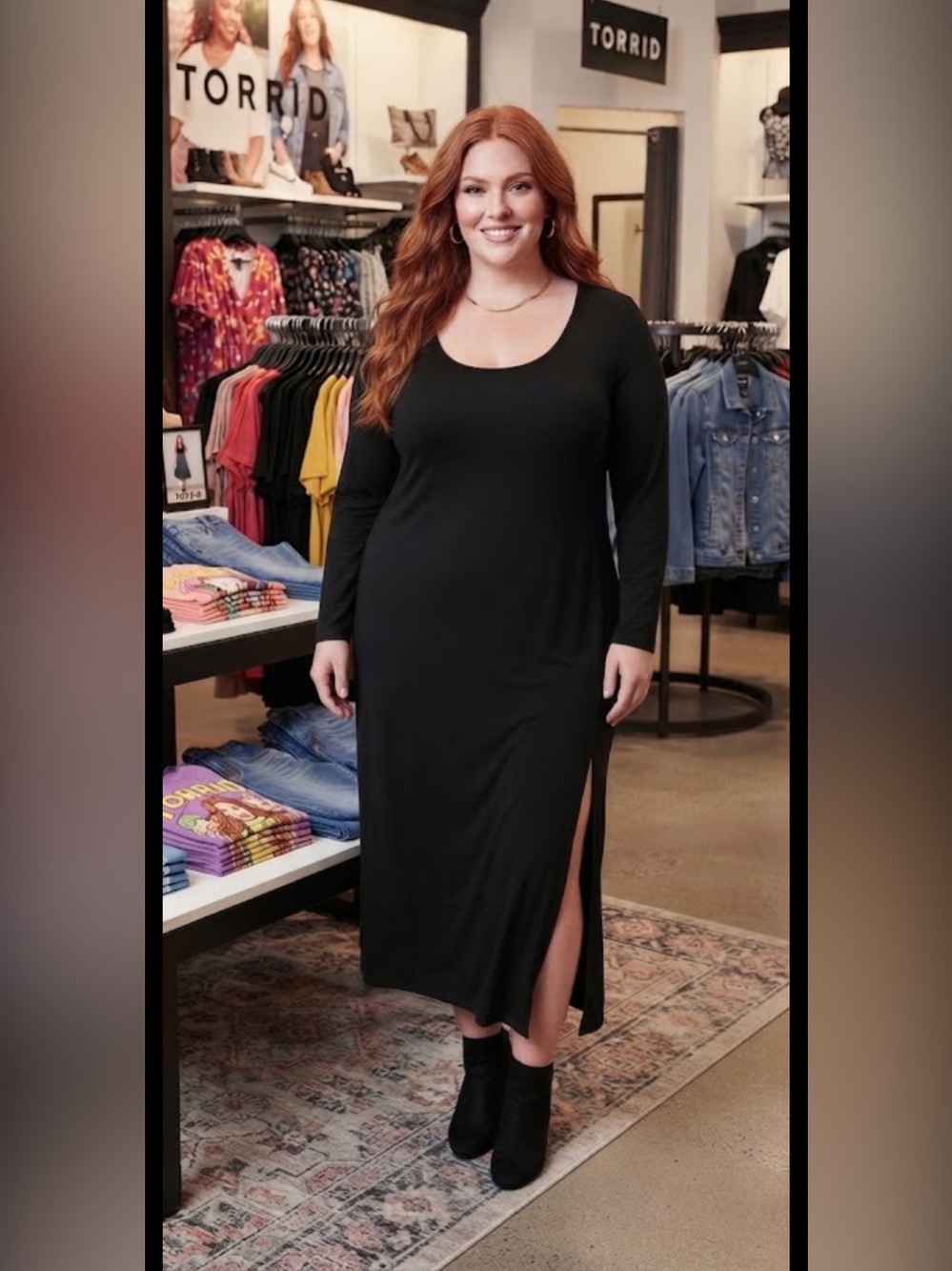 torrid NWT Black Long-Sleeve Scoop Neck Maxi Dress with Side Slit